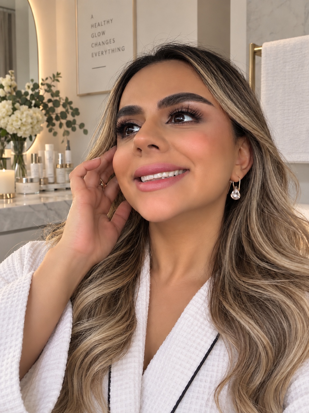 Mel Naghmeh smiling in a white robe at Skin Atelier Australia