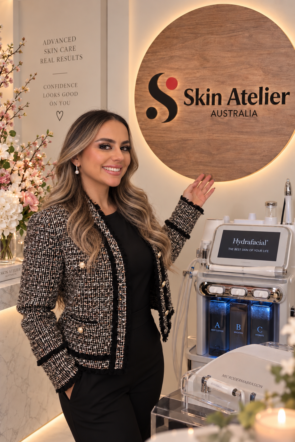 Mel beside the Skin Atelier Australia clinic sign and treatment equipment in Officer