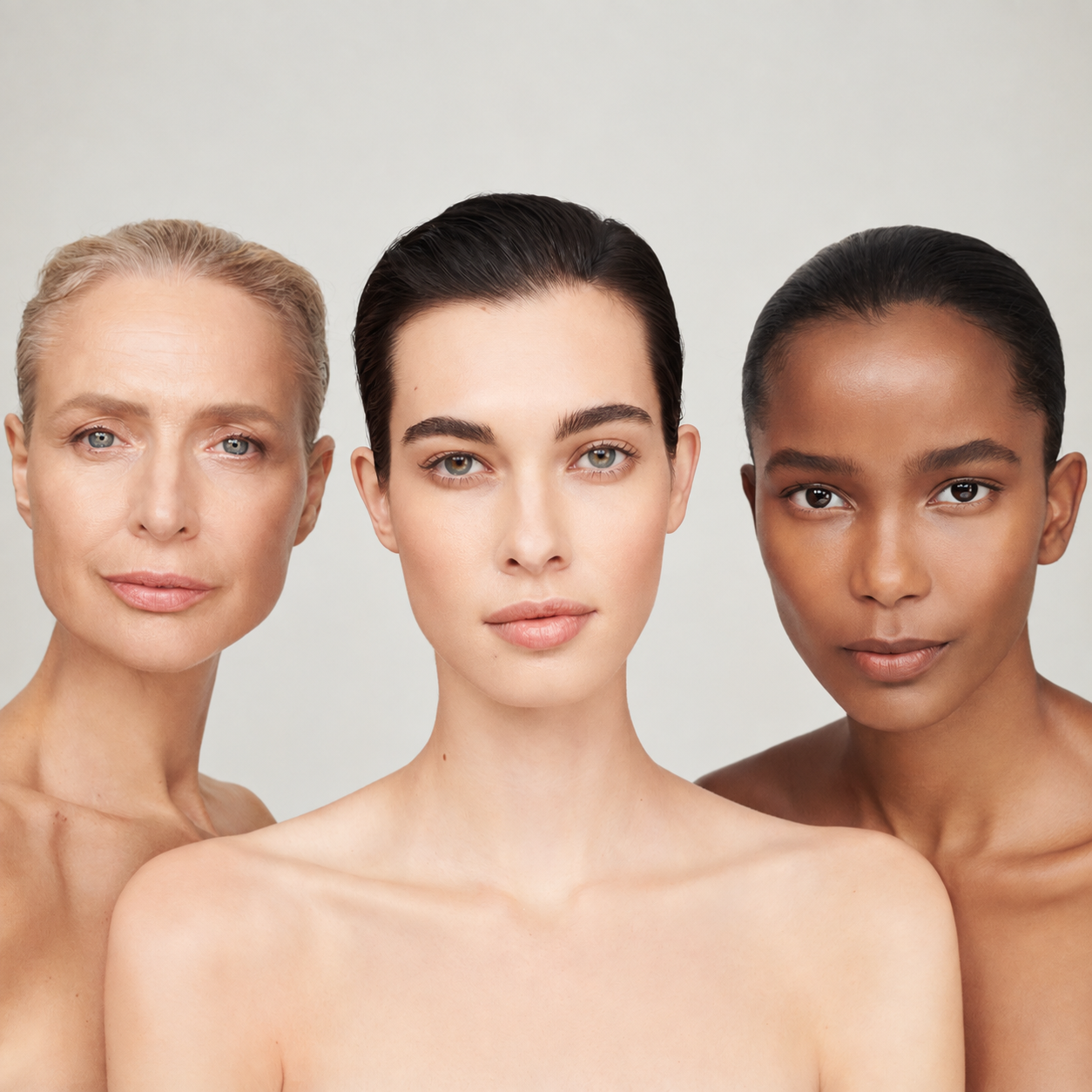 Three women with different skin tones against a neutral backdrop